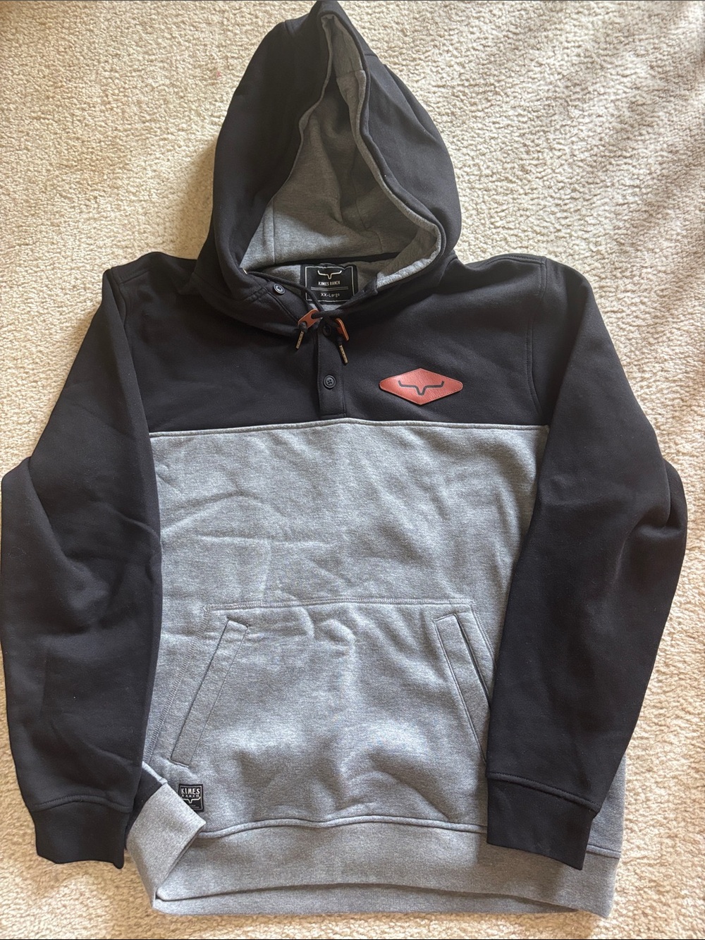 Kimes Ranch Black and Gray Hooded Pullover Sweatshirt leather patch and accents